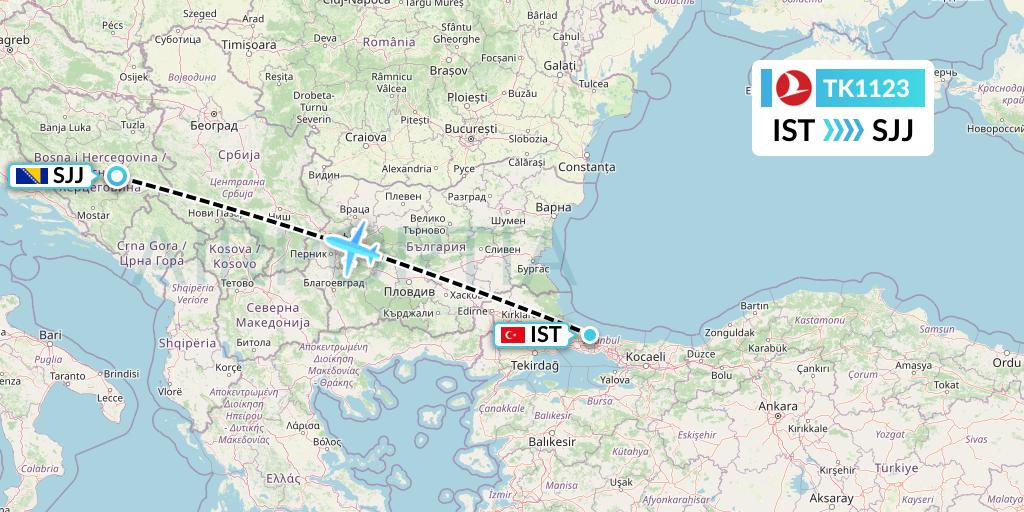 TK1123 Turkish Airlines Flight Map: Istanbul to Sarajevo