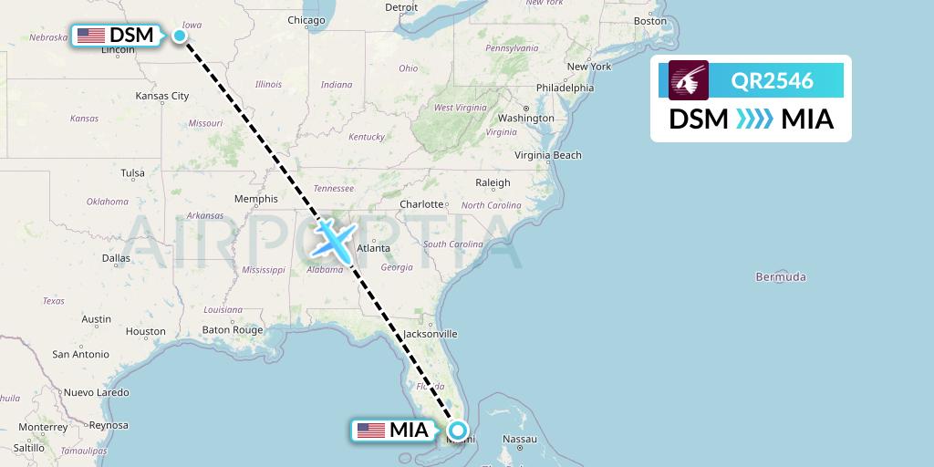 QR2546 Qatar Airways Flight Map: Des Moines to Miami