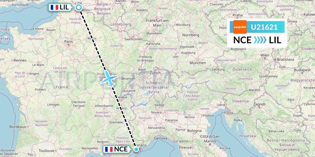 U21621 EasyJet Flight Map: Nice to Lille