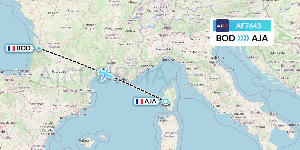 AF7643 Air France Flight Map: Bordeaux to Ajaccio