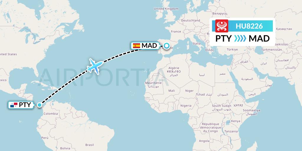HU8226 Hainan Airlines Flight Map: Panama City to Madrid