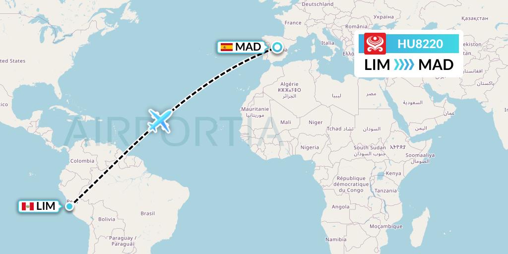 HU8220 Hainan Airlines Flight Map: Lima to Madrid