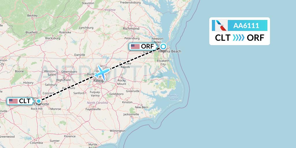 AA6111 American Airlines Flight Map: Charlotte to Norfolk
