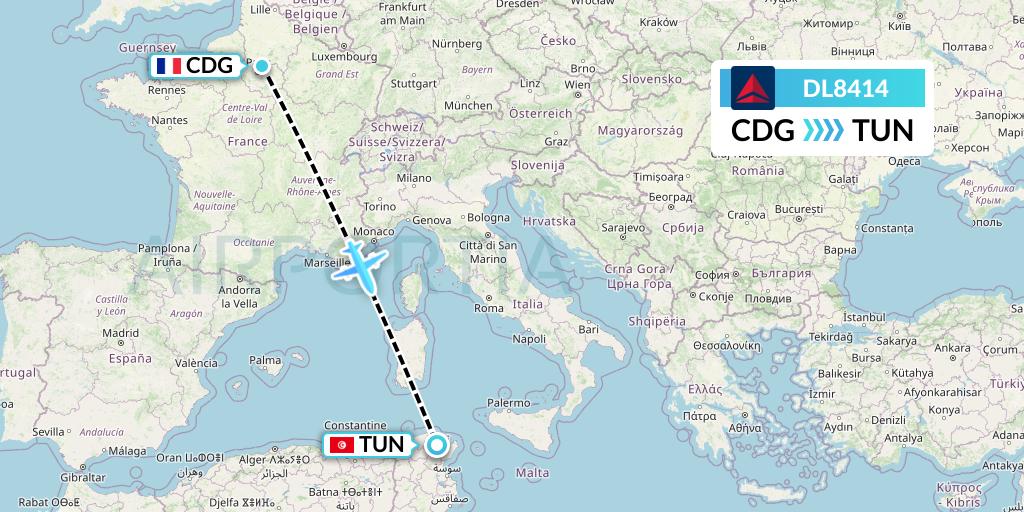DL8414 Delta Air Lines Flight Map: Paris to Tunis