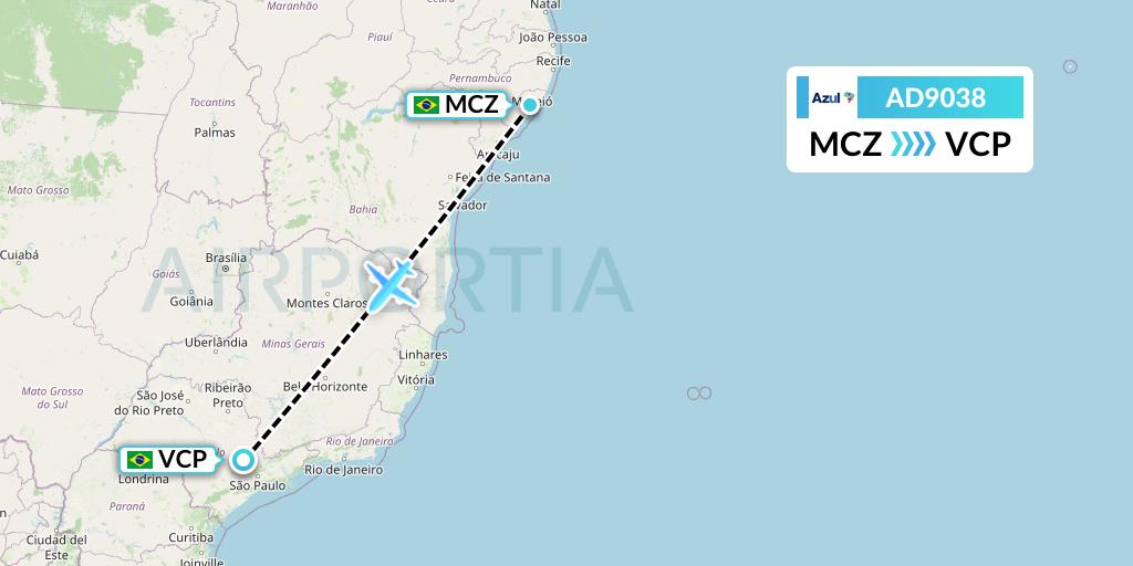 AD9038 Azul Brazilian Airlines Flight Map: Maceio to Campinas