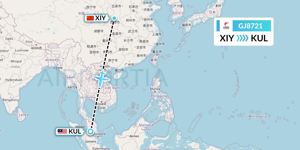 GJ8721 Loong Airlines Flight Map: Xi'an to Kuala Lumpur