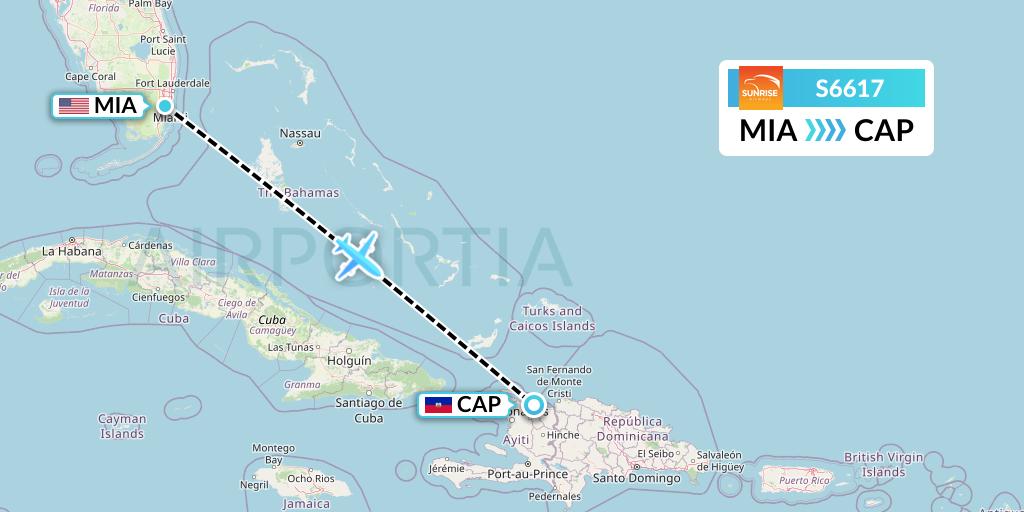S6617 Sunrise Airways Flight Map: Miami to Cap-Haitien