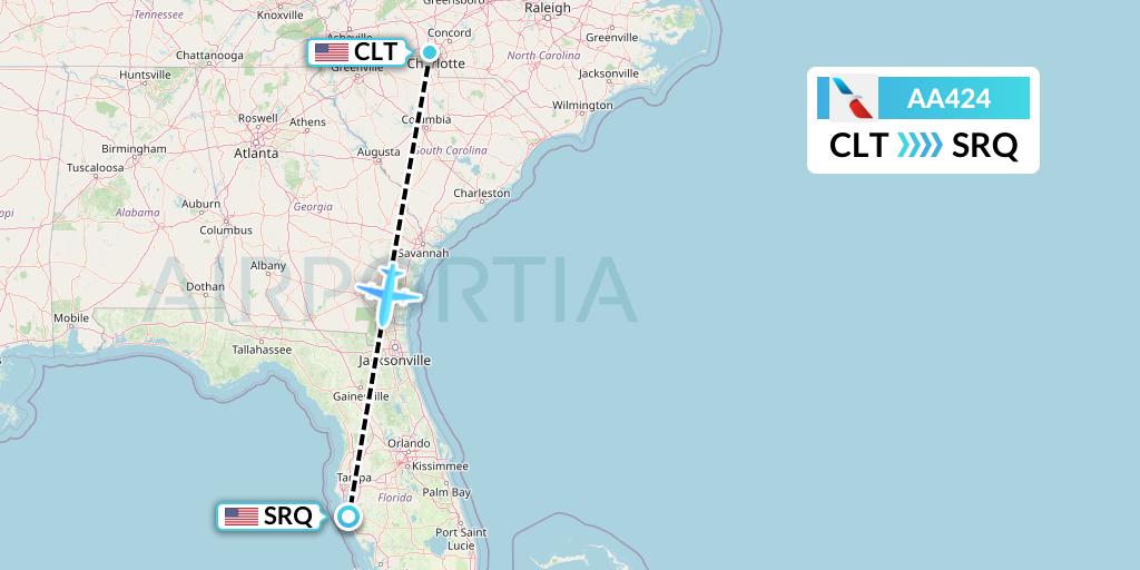 AA424 American Airlines Flight Map: Charlotte to Sarasota
