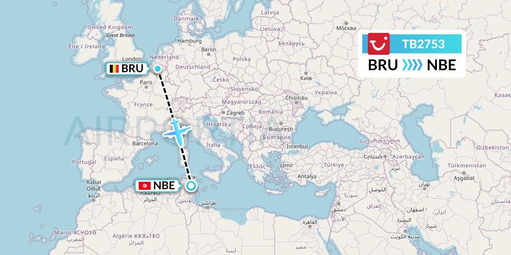 TB2753 TUI fly Belgium Flight Map: Brussels to Enfidha