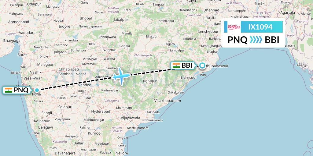 IX1094 Air India Express Flight Map: Pune to Bhubaneswar