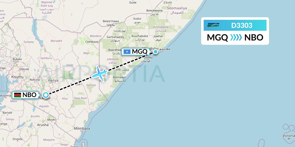 D3303 Daallo Airlines Flight Map: Mogadishu to Nairobi