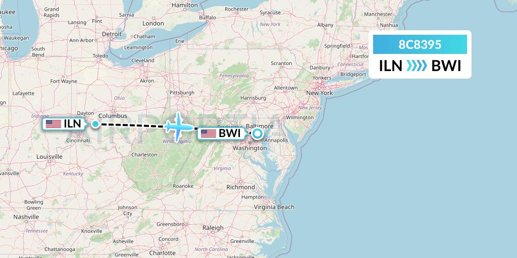 8C8395 Air Transport International Flight Map: Wilmington to Baltimore