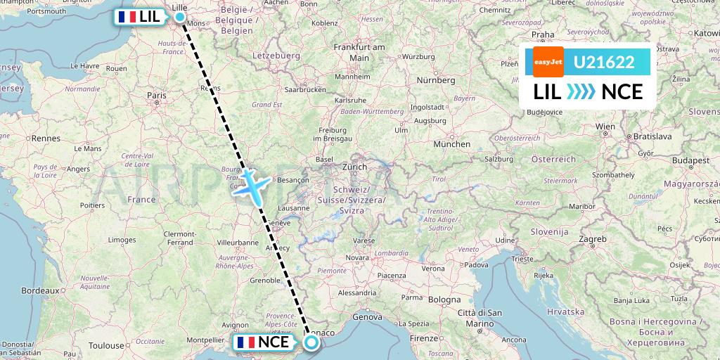 U21622 EasyJet Flight Map: Lille to Nice