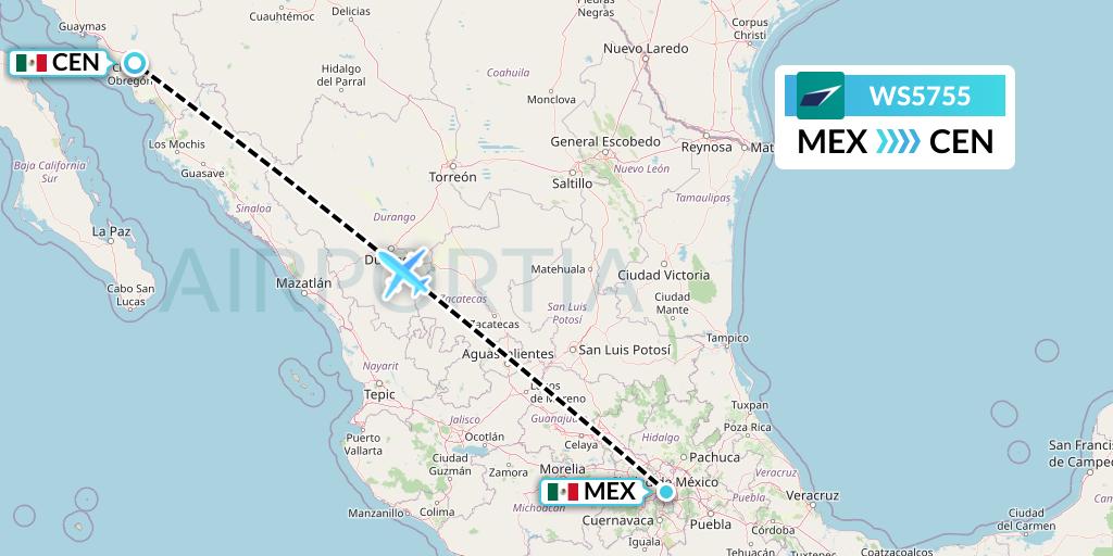 WS5755 WestJet Flight Map: Mexico City to Ciudad Obregon
