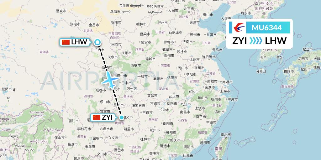 MU6344 China Eastern Airlines Flight Map: Zunyi to Lanzhou