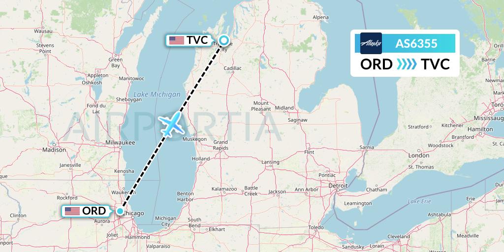 AS6355 Alaska Airlines Flight Map: Chicago to Traverse City