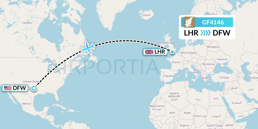 GF4146 Gulf Air Flight Map: London to Dallas