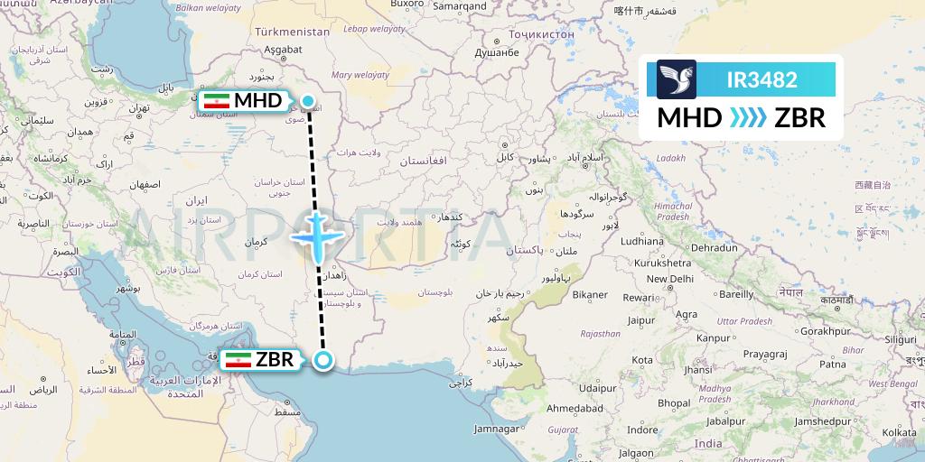 IR3482 Iran Air Flight Map: Mashhad to Chabahar