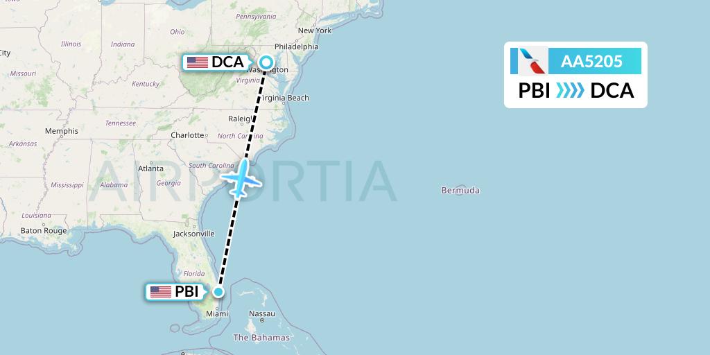 AA5205 American Airlines Flight Map: West Palm Beach to Washington
