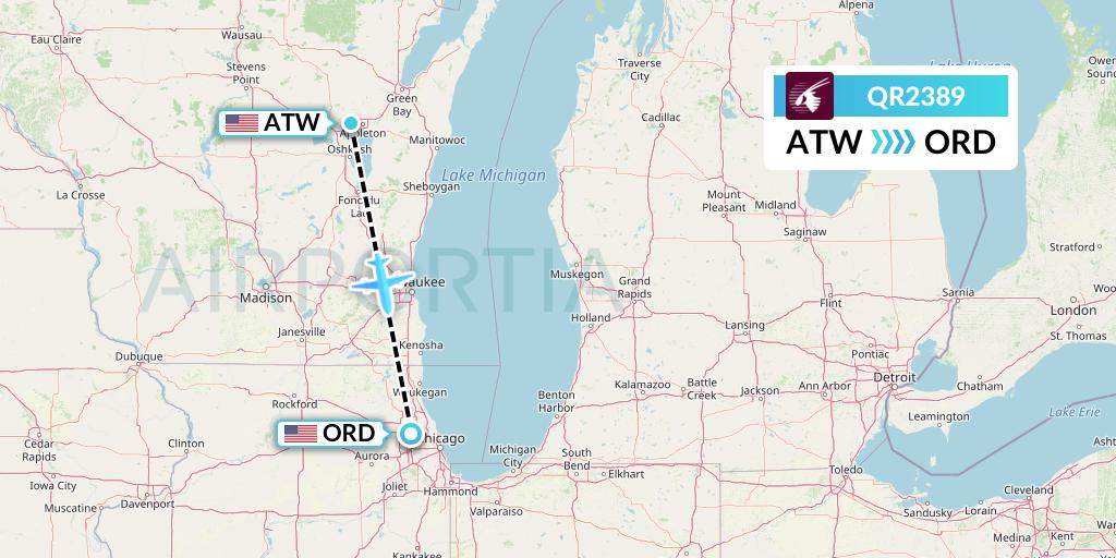 QR2389 Qatar Airways Flight Map: Appleton to Chicago