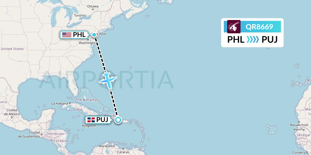 QR8669 Qatar Airways Flight Map: Philadelphia to Punta Cana
