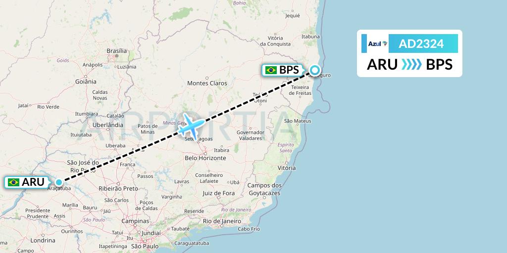 AD2324 Azul Brazilian Airlines Flight Map: Aracatuba to Porto Seguro