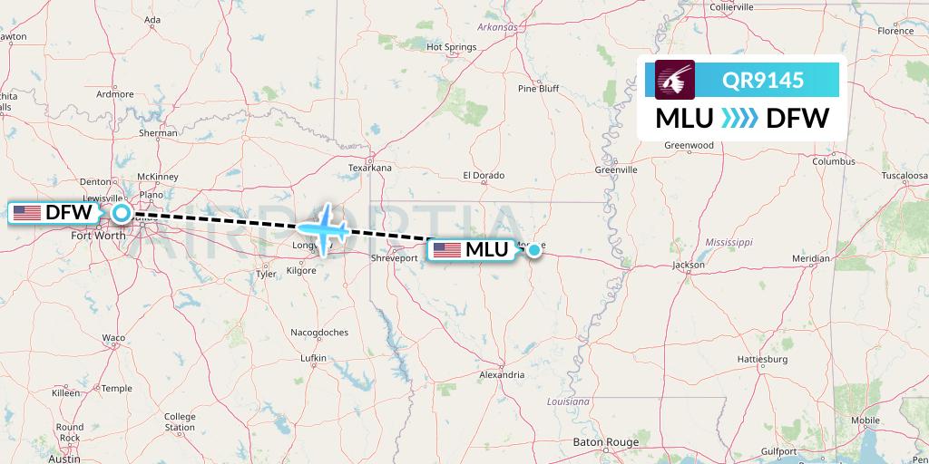 QR9145 Qatar Airways Flight Map: Monroe to Dallas