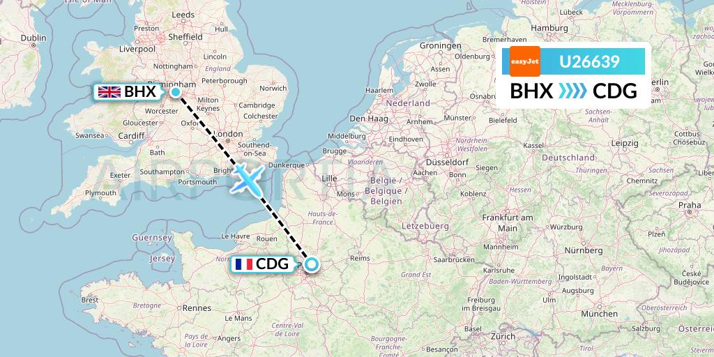 U26639 EasyJet Flight Map: Birmingham to Paris