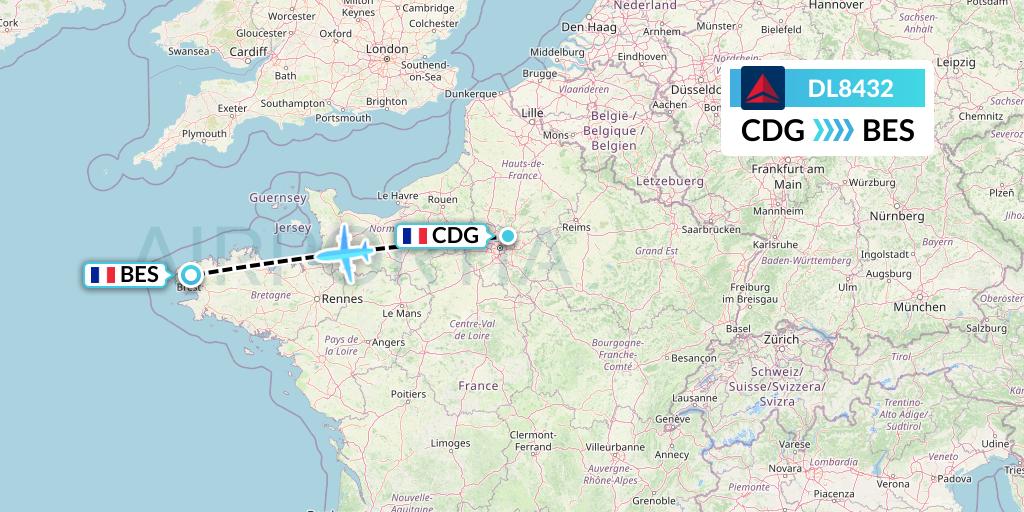 DL8432 Delta Air Lines Flight Map: Paris to Brest