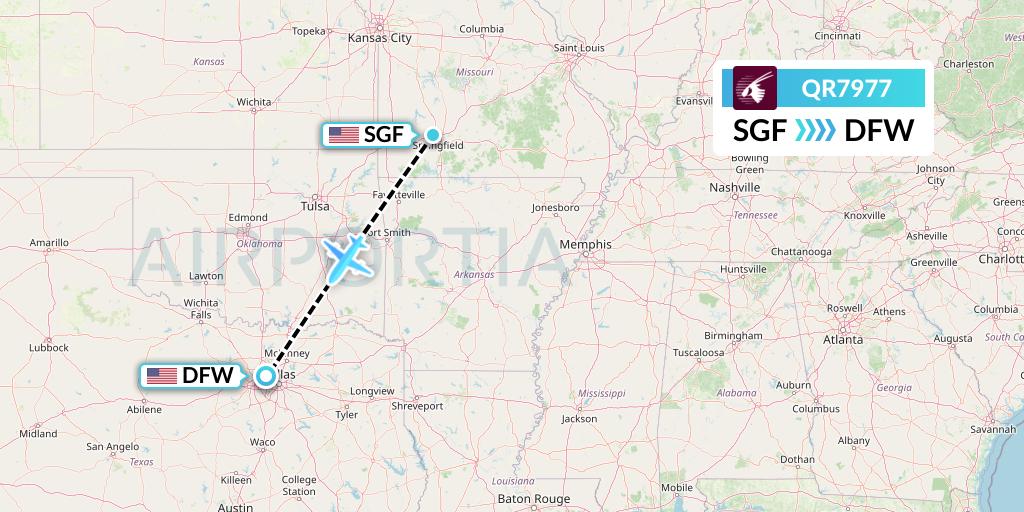 QR7977 Qatar Airways Flight Map: Springfield to Dallas