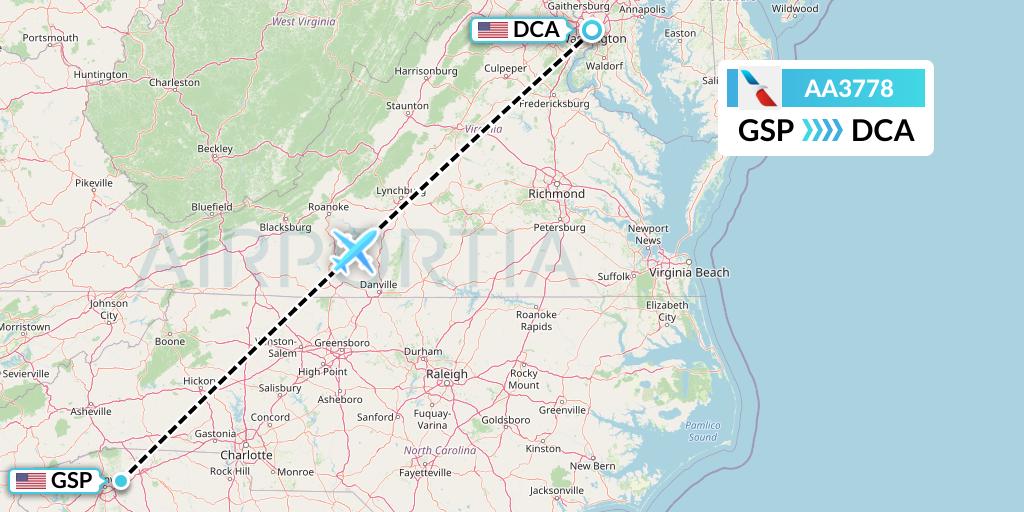 AA3778 American Airlines Flight Map: Greenville-Spartanburg to Washington