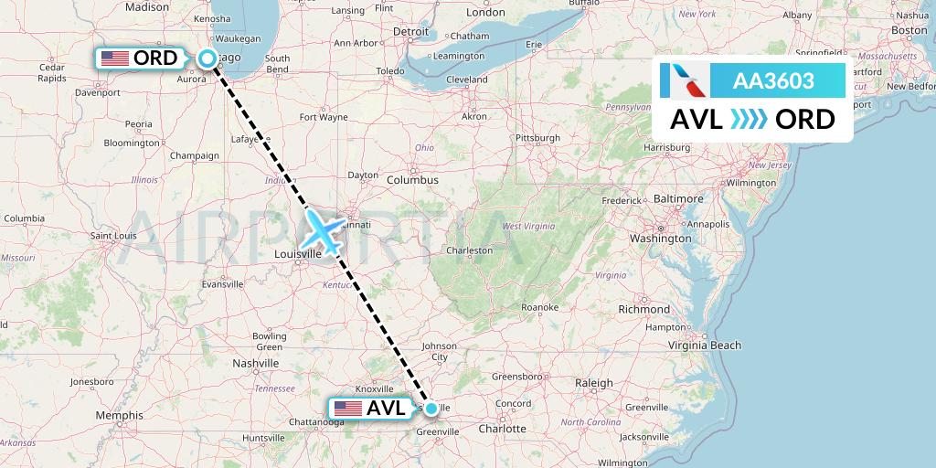 AA3603 American Airlines Flight Map: Asheville to Chicago