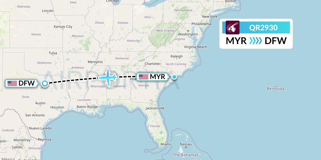 QR2930 Qatar Airways Flight Map: Myrtle Beach to Dallas
