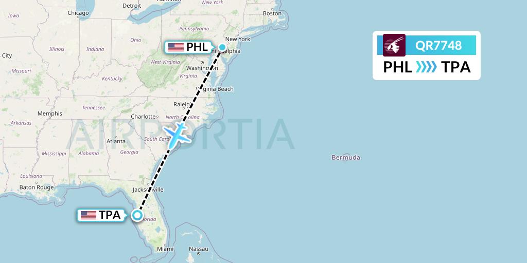 QR7748 Qatar Airways Flight Map: Philadelphia to Tampa