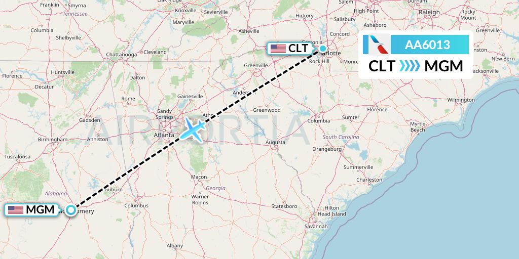 AA6013 American Airlines Flight Map: Charlotte to Montgomery