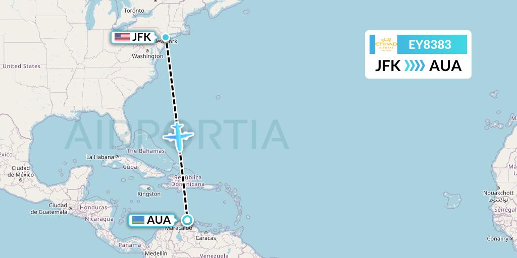 EY8383 Etihad Airways Flight Map: New York to Oranjestad