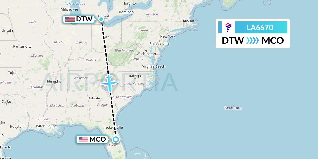 LA6670 LAN Airlines Flight Map: Detroit to Orlando