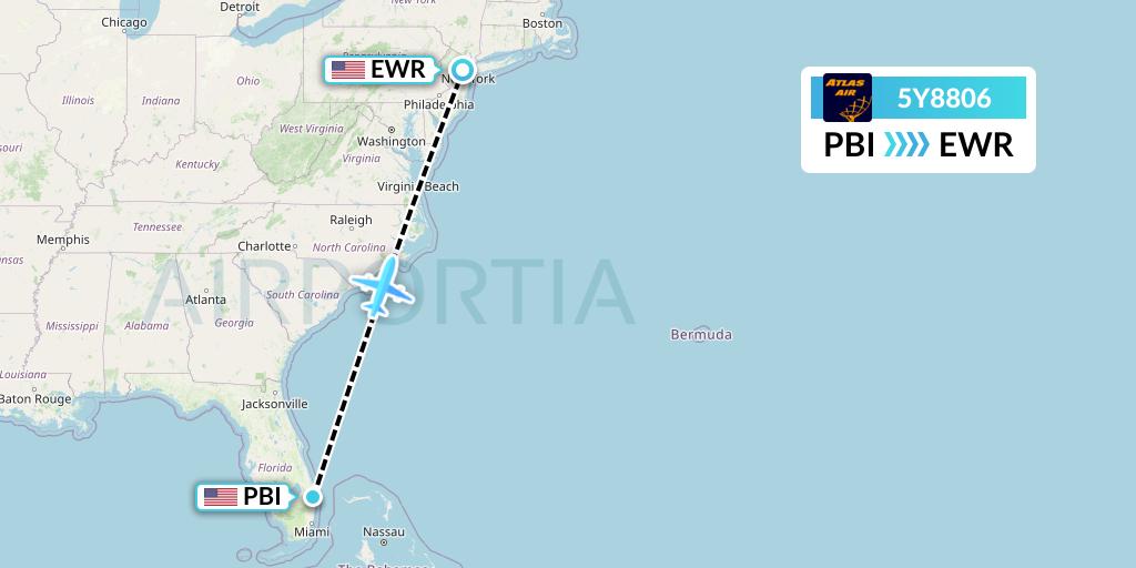 5Y8806 Atlas Air Flight Map: West Palm Beach to New York