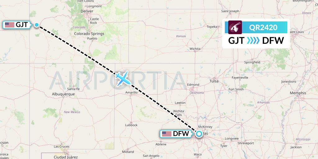 QR2420 Qatar Airways Flight Map: Grand Junction to Dallas