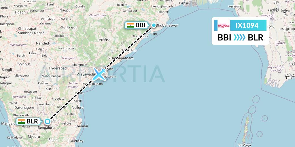 IX1094 Air India Express Flight Map: Bhubaneswar to Bangalore