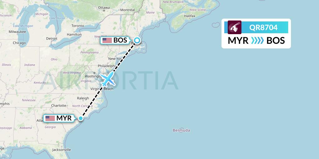 QR8704 Qatar Airways Flight Map: Myrtle Beach to Boston