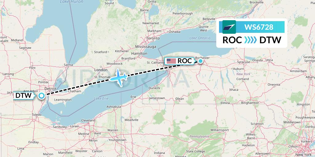 WS6728 WestJet Flight Map: Rochester to Detroit