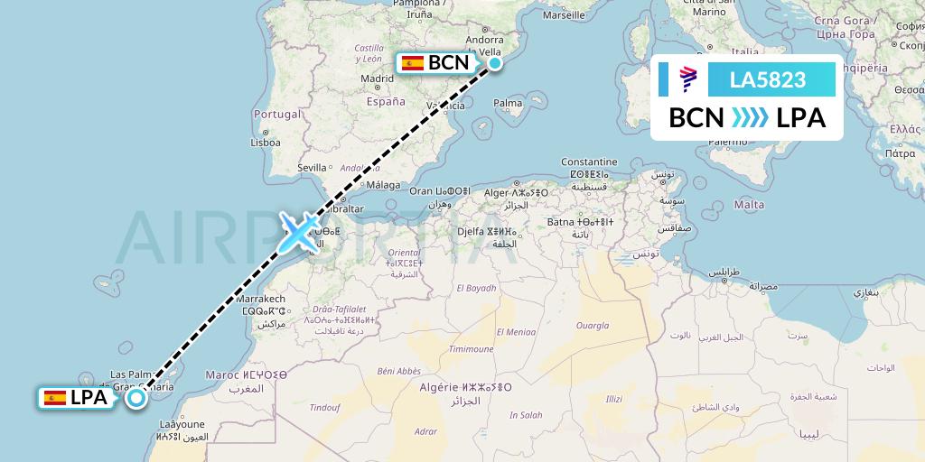 LA5823 LAN Airlines Flight Map: Barcelona to Las Palmas