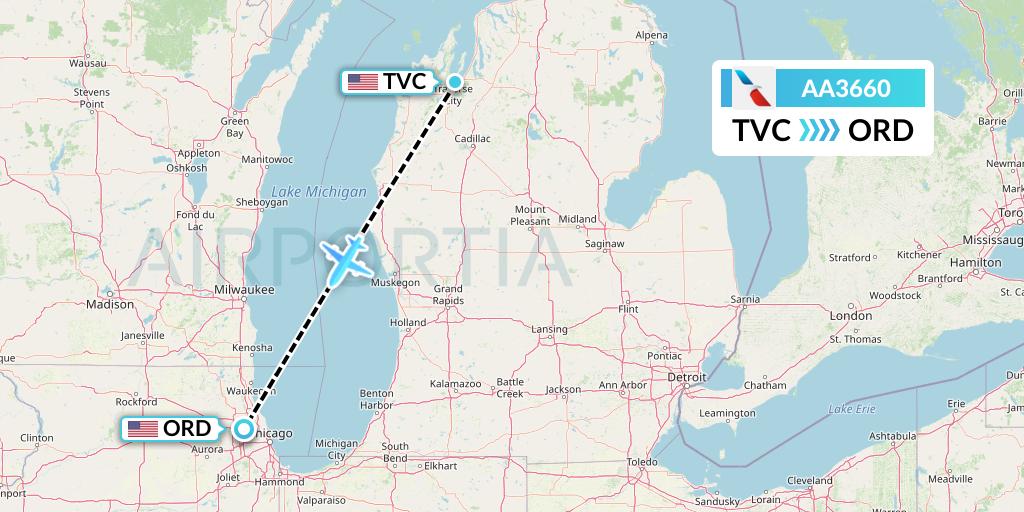 AA3660 American Airlines Flight Map: Traverse City to Chicago