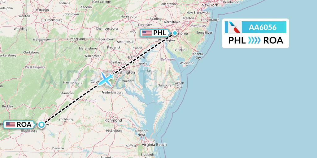 AA6056 American Airlines Flight Map: Philadelphia to Roanoke