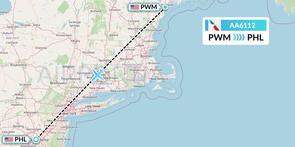 AA6112 American Airlines Flight Map: Portland to Philadelphia