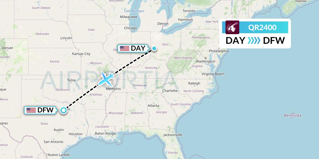 QR2400 Qatar Airways Flight Map: Dayton to Dallas