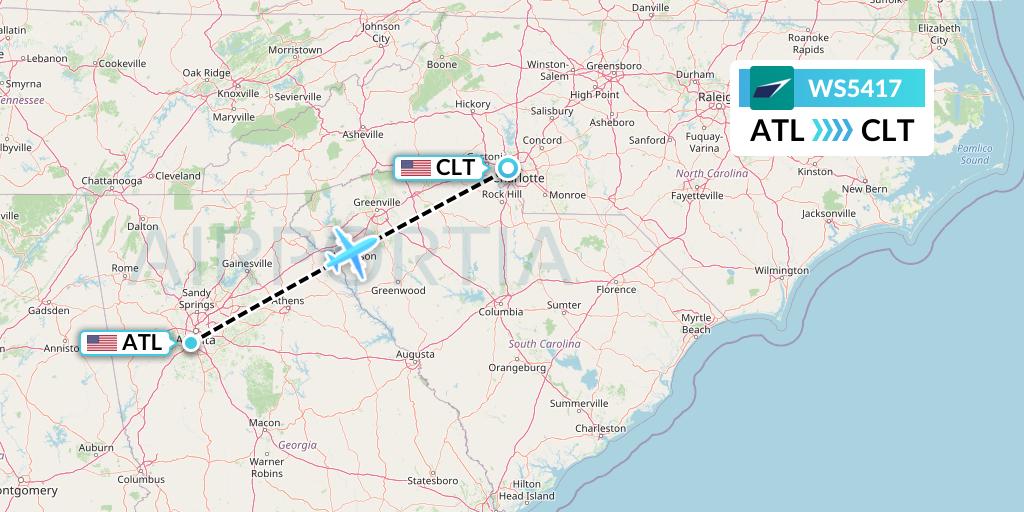 WS5417 WestJet Flight Map: Atlanta to Charlotte