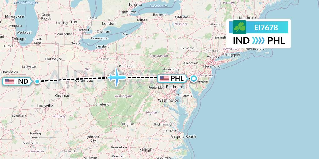 EI7678 Aer Lingus Flight Map: Indianapolis to Philadelphia