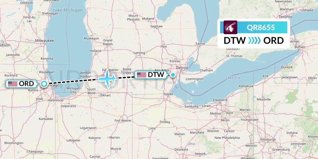 QR8655 Qatar Airways Flight Map: Detroit to Chicago